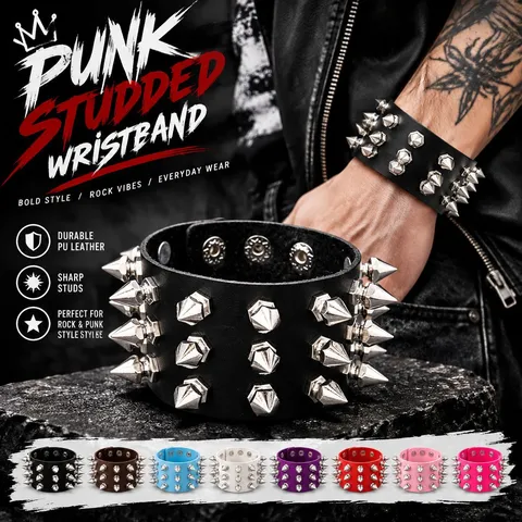 Punk Rock Spiked Wide PU Leather Bracelet For Men Women Adjustable Metal Studded Gothic Handwear Biker Cuff Jewelry Gift