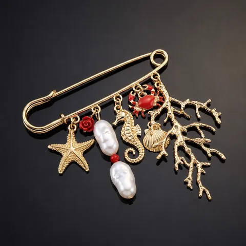 Vintage Legierung Ozean Thema Sicherheitsnadel Brosche Gold Vergoldet Seestern Künstliche Perle Muschel Fisch Hummer Schnecke Brosche Für Damen Urlaub Schmuck