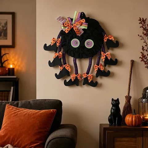 Halloween Spider Door Hanger With Striped Legs Witch Boots Orange Polka Dot Bows Black Mesh Fabric Spider Wreath For Party Home Decor