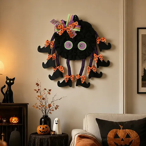 Halloween Spider Door Hanger With Striped Legs Witch Boots Orange Polka Dot Bows Black Mesh Fabric Spider Wreath For Party Home Decor