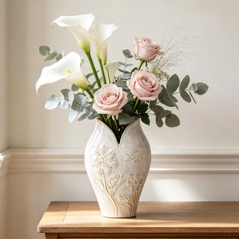 Nordische Wabi-Sabi Keramik Vase Vintage Cremeweiß Blumenrelief Blumentopf Kunst Nische Design Home Dekor Hydrokultur Behälter