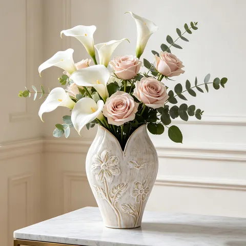 Nordische Wabi-Sabi Keramik Vase Vintage Cremeweiß Blumenrelief Blumentopf Kunst Nische Design Home Dekor Hydrokultur Behälter