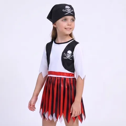 Conjunto de Disfraz de Pirata para Niños Halloween Juego de Rol Actuación en Escenario Top Y Pantalones con Calavera Estampada Y Pañuelo