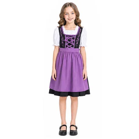 Kids Bavarian Traditional Dirndl Dress German Oktoberfest Maid Costume With Purple Apron Embroidery Performance Wear For Girls