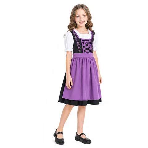 Kids Bavarian Traditional Dirndl Dress German Oktoberfest Maid Costume With Purple Apron Embroidery Performance Wear For Girls