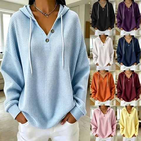 Dames Casual Wafelbreisel Hoodie Los Trekkoord V-Hals Knoop Sweatshirt Lange Mouw Polyester Pullover Top