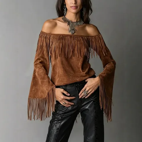 Women's Vintage Fringe Off Shoulder Long Sleeve T-Shirt Retro Western Style Solid Color Flare Sleeve Polyester Top