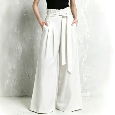Women's Casual High Waisted Wide Leg Pants Solid Color Pleated Drawstring Loose Long Trousers Commuting Bottoms