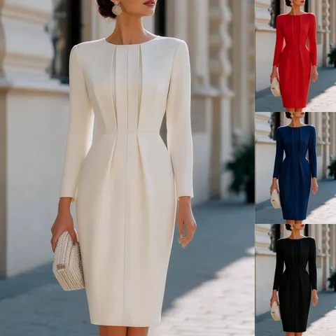 Women Round Neck Pleated Long Sleeve Midi Dress Slim Fit Elegant Office Commuter Bodycon One-Step Polyester Dress