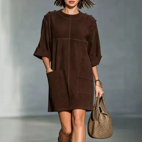 Women Retro Suede Mini Dress Round Neck 3/4 Sleeve Solid Color Shoulder Button Pocket Vintage Elegant Autumn Winter Dress For Women Casual Daily