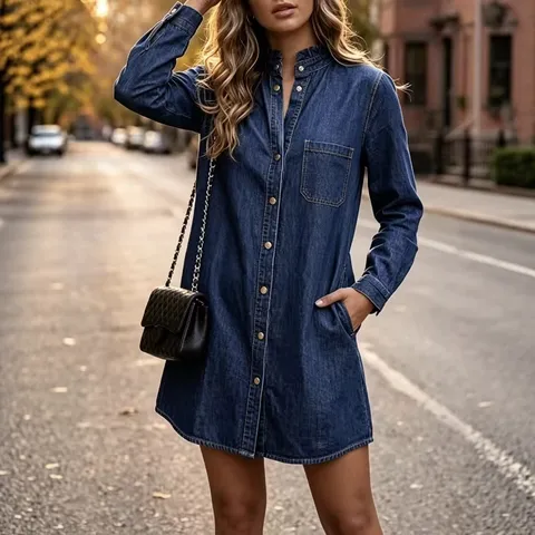Women Ruffle Stand Collar Denim Shirt Dress Long Sleeve Single Breasted Loose Mini Jean Dress With Pockets Casual Autumn Clothing