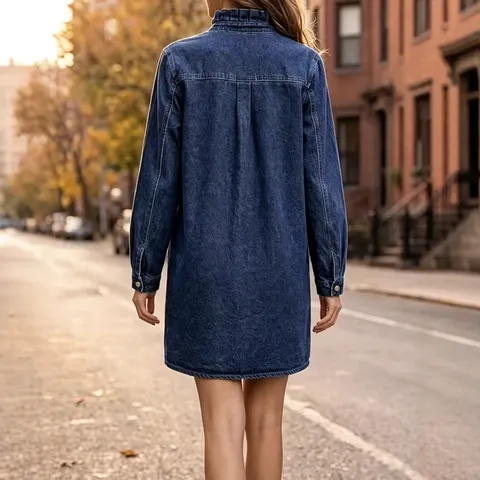 Women Ruffle Stand Collar Denim Shirt Dress Long Sleeve Single Breasted Loose Mini Jean Dress With Pockets Casual Autumn Clothing