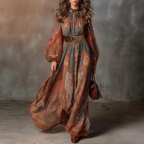 Plus Size Bohemian Print Maxi Dress For Women Ethnic Style Long Sleeve V-Neck Resort Beachwear Dress With Belt Autumn Winter