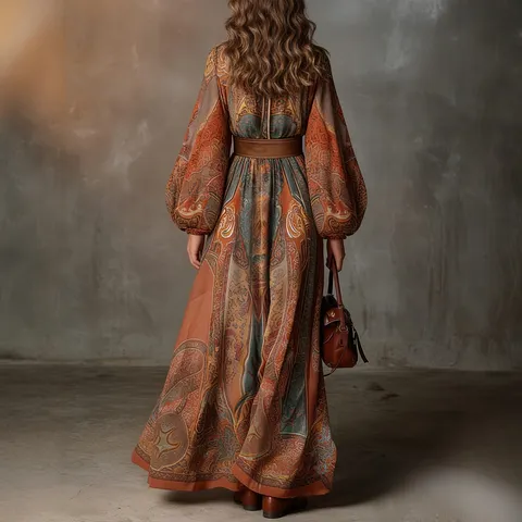 Plus Size Bohemian Print Maxi Dress For Women Ethnic Style Long Sleeve V-Neck Resort Beachwear Dress With Belt Autumn Winter