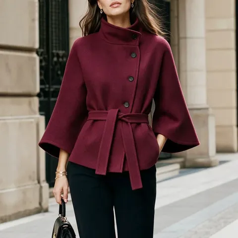 Women Elegant Stand Collar Diagonal Button Woolen Coat Flared Sleeve Belted Slim Waist Commuter Autumn Outerwear Jacket