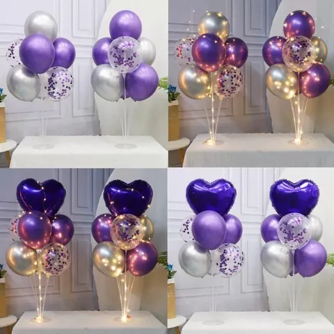 Purple Silver Heart Balloon Table Float Kit With LED Light Stand Set For Birthday Party Valentine's Day Decoration Romantic Party Supplies