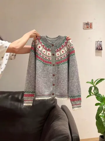 Women Vintage Ethnic Jacquard Knitted Cardigan Crew Neck Single-Breasted Long Sleeve Sweater Coat