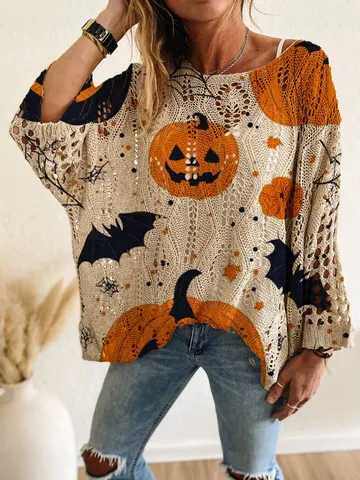 Women Casual Long Sleeve Boat Neck Hollow Out Pumpkin Halloween Print Sweater European Style Pullover Knit Top