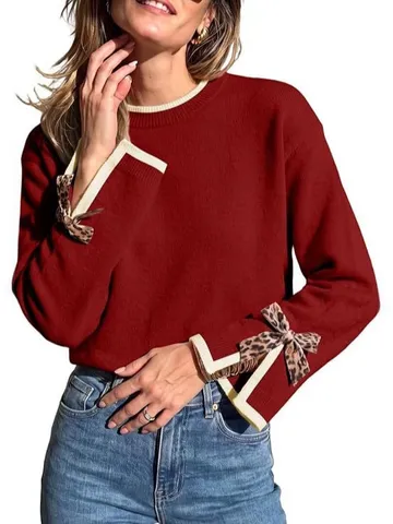 Women's Casual Crew Neck Long Sleeve Knit Sweater Leopard Print Bow Fashion Winter Warm Pullover Top