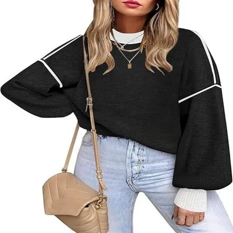 Women's Casual Color Block Lantern Sleeve Sweater Loose Fit Crew Neck Long Sleeve Pullover Knitwear