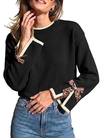 Women's Casual Crew Neck Long Sleeve Knit Sweater Leopard Print Bow Fashion Winter Warm Pullover Top