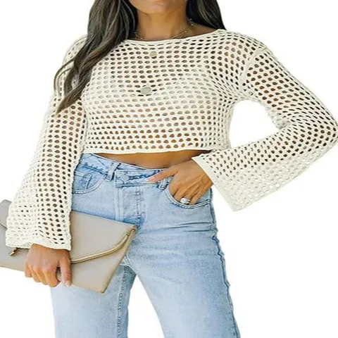 Maglione in Maglia Traforata Casual a Manica Lunga con Girocollo da Donna Top in Maglia alla Moda per Primavera e Autunno