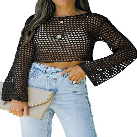 Maglione in Maglia Traforata Casual a Manica Lunga con Girocollo da Donna Top in Maglia alla Moda per Primavera e Autunno