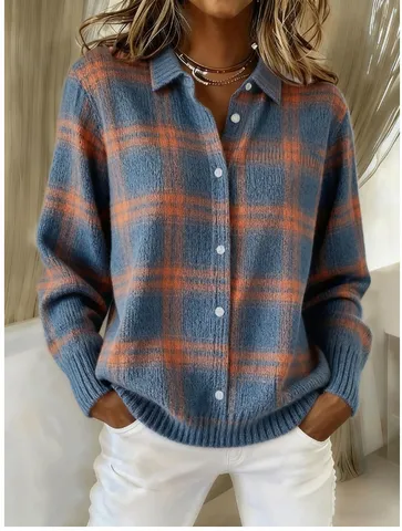 Women's Casual Plaid Knit Cardigan Sweater Lapel Long Sleeve Single-Breasted Button Down Outerwear Commuter Autumn Top
