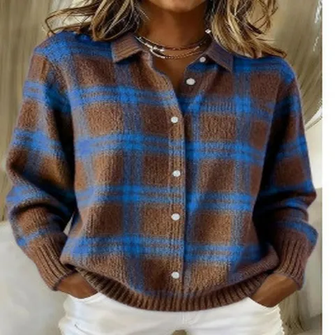 Women's Casual Plaid Knit Cardigan Sweater Lapel Long Sleeve Single-Breasted Button Down Outerwear Commuter Autumn Top