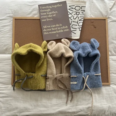 Winter Kids Knit Balaclava Hat Warm Bear Ear Core-Spun Yarn Crochet Beanie Boys Girls Ear Protection Neck Warmer Bonnet