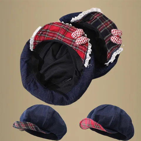 Kinder Erwachsene Denim Barette Hut Retro Newsboy Cap Karo Patchwork Spitze Schleife Verstellbar Lässig Sonnenschutz Hut