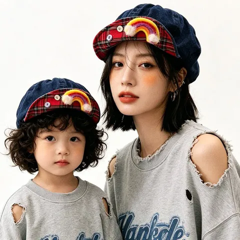 Kinder Erwachsene Denim Barette Hut Retro Newsboy Cap Karo Patchwork Spitze Schleife Verstellbar Lässig Sonnenschutz Hut