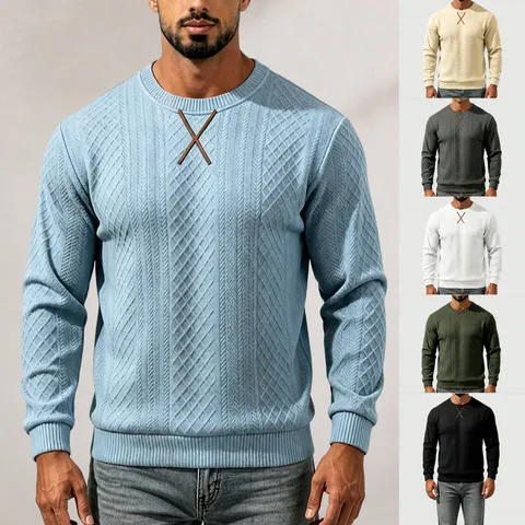 Men's Heavyweight Jacquard Pullover Sweatshirt Casual Long Sleeve Crew Neck Top With Cross Embroidery Pattern