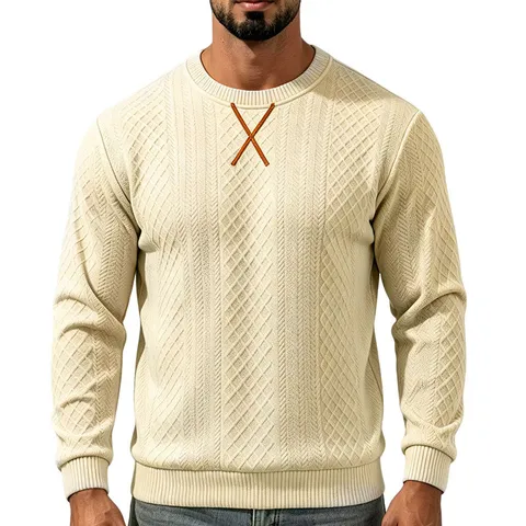 Men's Heavyweight Jacquard Pullover Sweatshirt Casual Long Sleeve Crew Neck Top With Cross Embroidery Pattern
