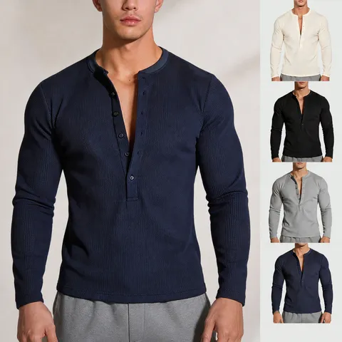 Maglietta da Uomo Casual in Lana Tinta Unita Collo Henley Manica Lunga Scollo a V Maglia a Nido d'Ape Pullover Slim Fit per Autunno Inverno
