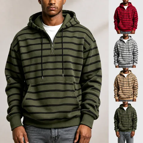 Herren Schweres Gestreiftes Kapuzenpullover Mit Halbem Reißverschluss Casual Loose Langarm Sweatshirt Winter Fleece Gefüttert Polyester Strick Top