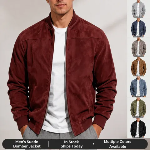 Men's Faux Suede Jacket Stand Collar Zipper Lightweight Baseball Coat Solid Color Autumn Casual Streetwear Fashion Top