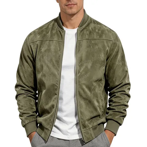 Men's Faux Suede Jacket Stand Collar Zipper Lightweight Baseball Coat Solid Color Autumn Casual Streetwear Fashion Top