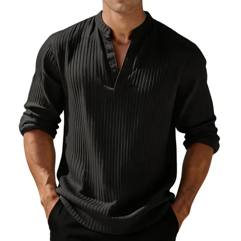 Camisa de Manga Larga Con Cuello en V Para Hombre Business Casual Textura Acanalada Vertical Jersey de Color Sólido Para Uso Diario Tejido de Poliéster