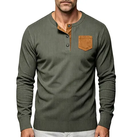 Camiseta Henley de Manga Larga para Hombre de Textura de Pana Vintage Bolsillo en Contraste Top de Punto Acanalado Casual