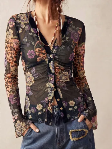 Chemisier en Mesh Imprimé Vintage pour Femmes Coupe Ajustée Col en V Manches Longues Motif Léopard Floral Élégant