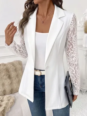 Dames Slim Fit Blazer Revers Enkele Knoop Sluiting Kant Patchwork Lange Mouwen Jas Elegant Woon-werkverkeer Mode Bovenkleding