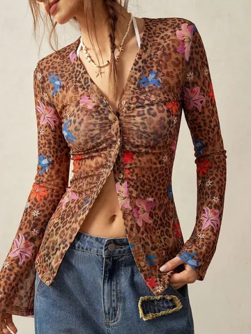 Chemisier Femme en Mesh à Imprimé Léopard Floral Vintage Coupe Slim Col en V Manches Longues Top Plissé à Boutons