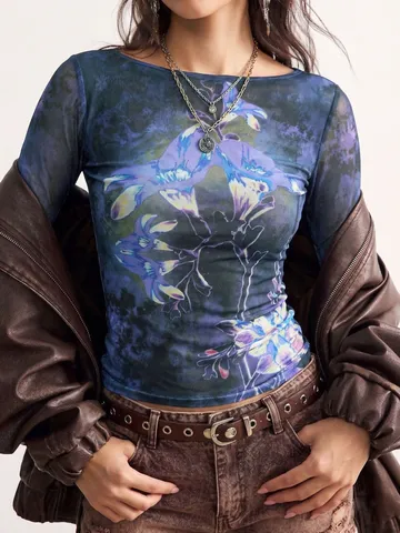 Γυναικείο Εφαρμοστό T-Shirt από Πλέγμα με Τύπωμα Tie-Dye Μακρυμάνικο Top με Στρογγυλή Λαιμόκοψη Σέξι Streetwear Πολυεστερικό Μπλουζάκι