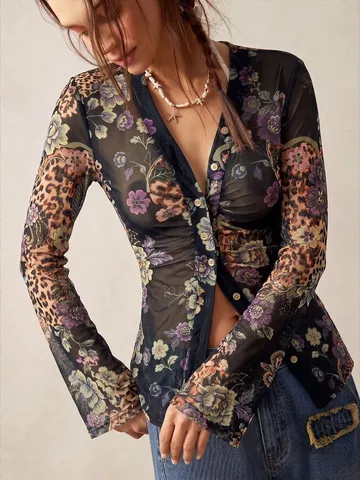 Chemisier en Mesh Imprimé Vintage pour Femmes Coupe Ajustée Col en V Manches Longues Motif Léopard Floral Élégant