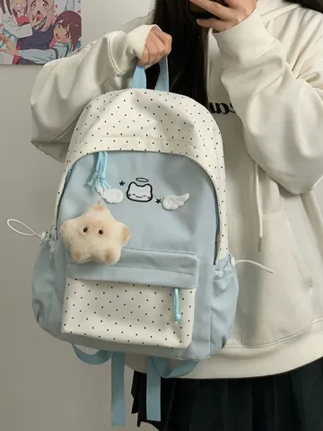 Stile Coreano Carino Gatto Ali Grande Capacità Color Blocking Zaino Studente Borsa Scolastica A Pois Viaggio Casual