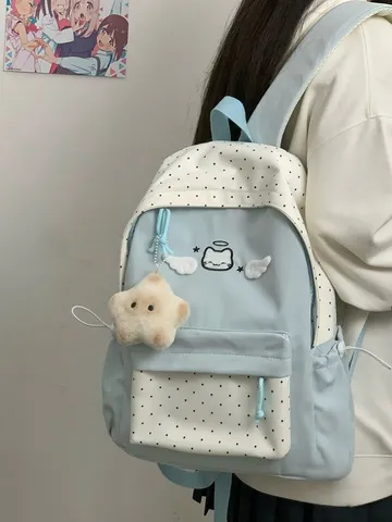 Stile Coreano Carino Gatto Ali Grande Capacità Color Blocking Zaino Studente Borsa Scolastica A Pois Viaggio Casual