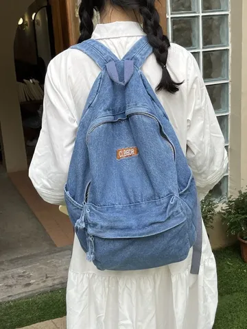 Zaino Retro in Denim per Uomo Donna Grande Capacità Lavato Invecchiato Cartella per Studenti Borsa da Viaggio Casual