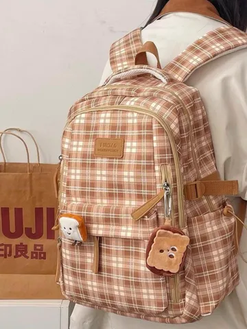 Zaino Casual a Quadri Retro per Donna Grande Capacità Zainetto Scolastico Nylon Vintage Stile Collegiale Borsa da Viaggio
