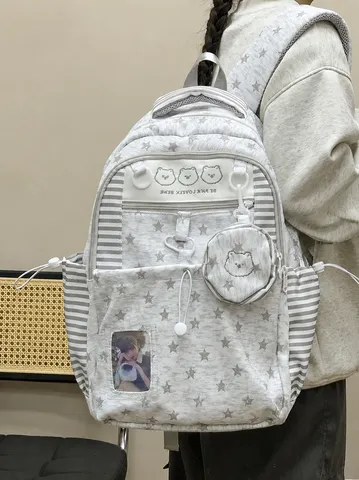 Zaino Scolastico per Ragazza in Nylon Stile Coreano Casual Leggero Borsa da Viaggio Ricamo Orsetto